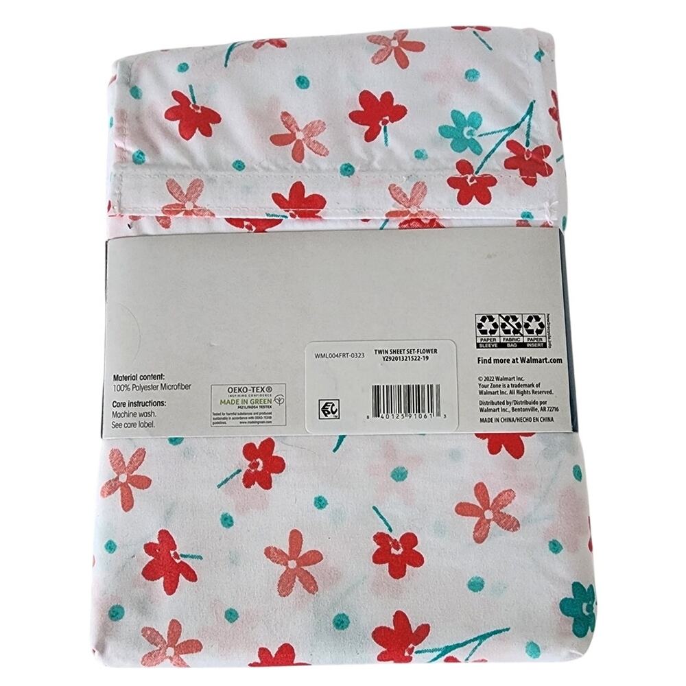 Your Zone Super Soft Sheet Set Twin 3- Piece Red & White Floral Microfiber NEW - Picture 3 of 4